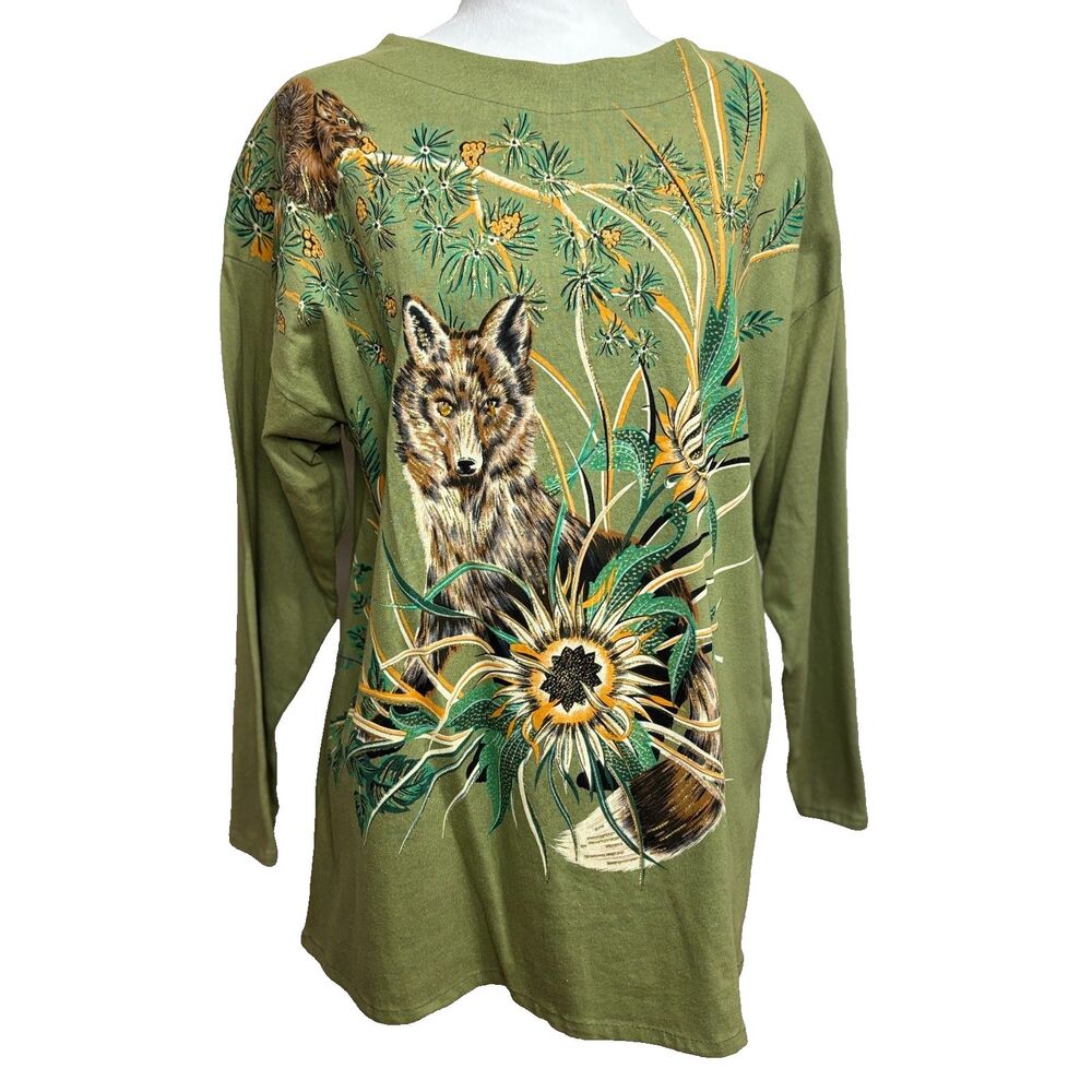 Sely's Graphic Tee Olive Green Fox Squirrel Vtg Nature Glitter Made in France L
